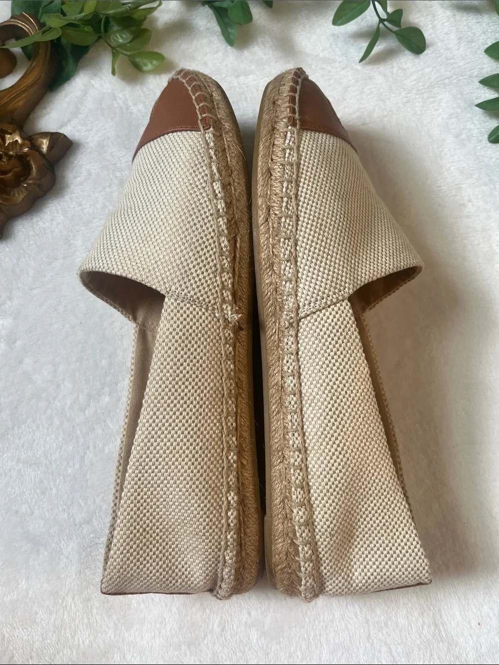 Tory Burch Cream Canvas Espadrille Flats with Brown Leather Toe Cap